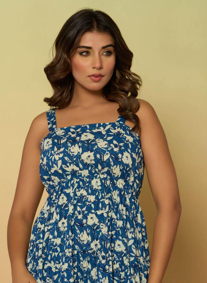 KASYA Blue Cotton Printed Midi Dress - Image 4